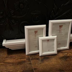 Decorative ledge and frame set. 1 20” soft, white solid, wood ledge + 3 frames